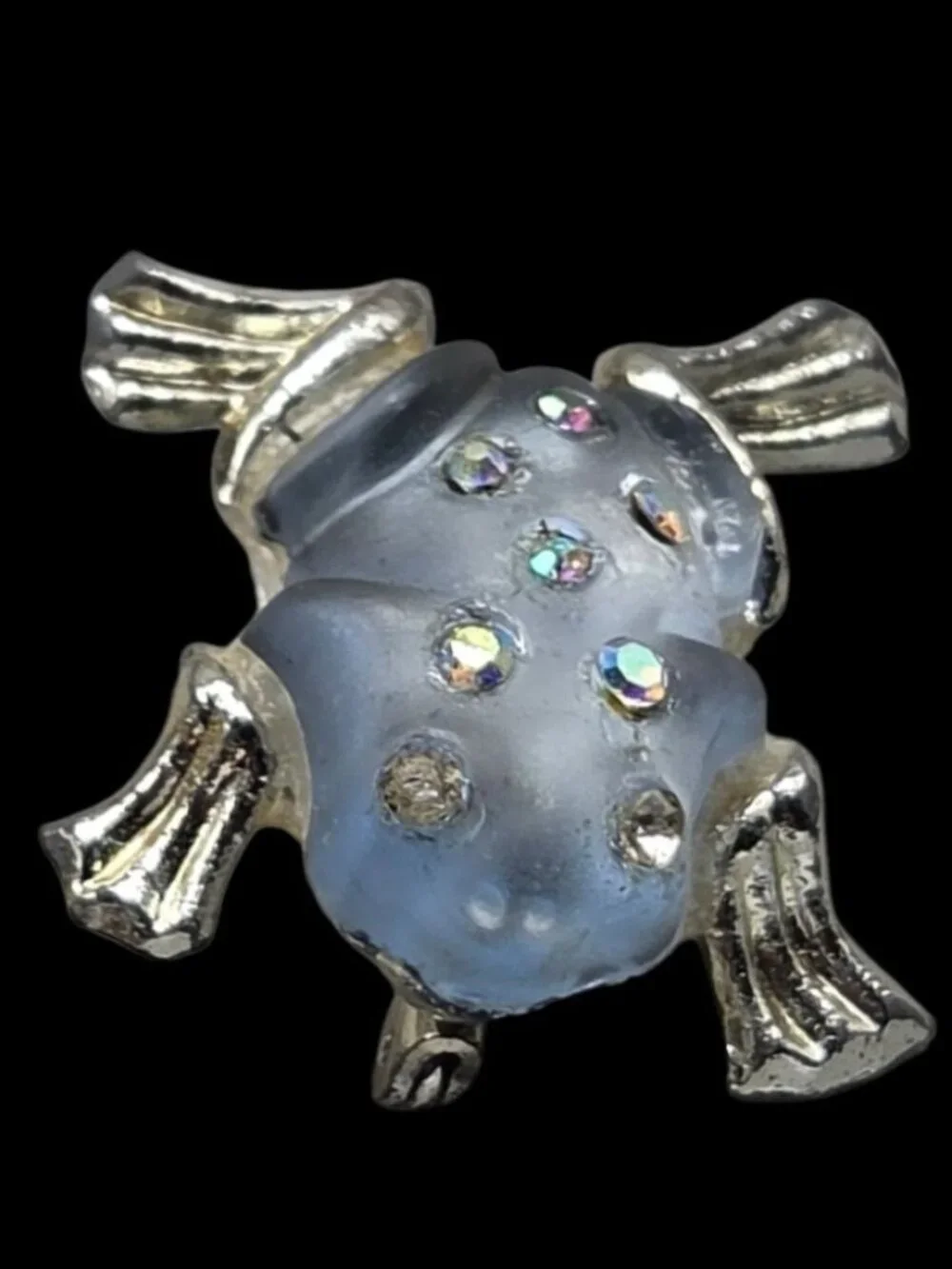 Vintage Silver Tone Jelly Belly Frog Brooch Pin with Aurora Borealis Rhinestones